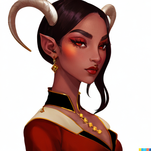 File:-ai-DALLE 2022-08-16 12.14.56 - Portrait of a young female tiefling. Her skin is red and her eyes are black. Her dark hair is in high ponytail. Golden earrings adorn her ears and hor.png
