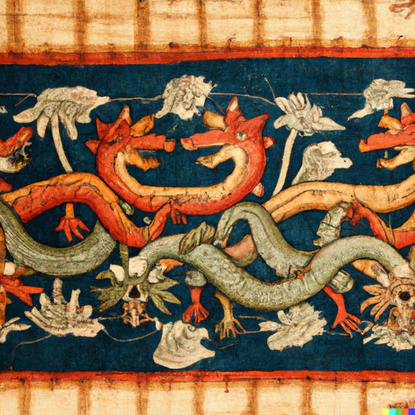 File:-ai-DALLE 2022-09-11 00.08.39 - A medieval tapestry depicting 4 dragons intertwined in battle..png