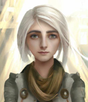 Disenna Thorne's character, a platinum blonde Aasimar with hazel eyes. She's wearing a green dress with silver decorative adornments.