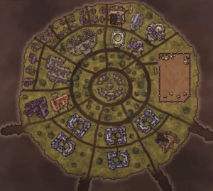 Aerial view of the Katharda Academy campus, concealed in the Underdark.