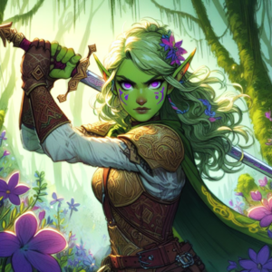 A green-skinned elven woman with a greatsword held over her shoulder and preparing to swing it toward the viewer. She is dressed in fine clothing suited for outdoor work.