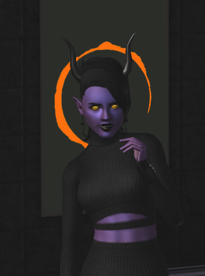 A tiefling woman looks at the camera with a slightly amused expression. She has purple skin, pure gold eyes, and black hair tied up in a bun.
