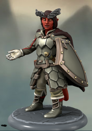 A red Tiefling woman with dark red hair and dark asymmetrical horns growing from her head. She is wearing scale mail armor and wielding a metal shield.