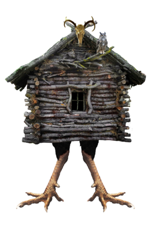 A wooden, log style hut with chicken legs beneath it